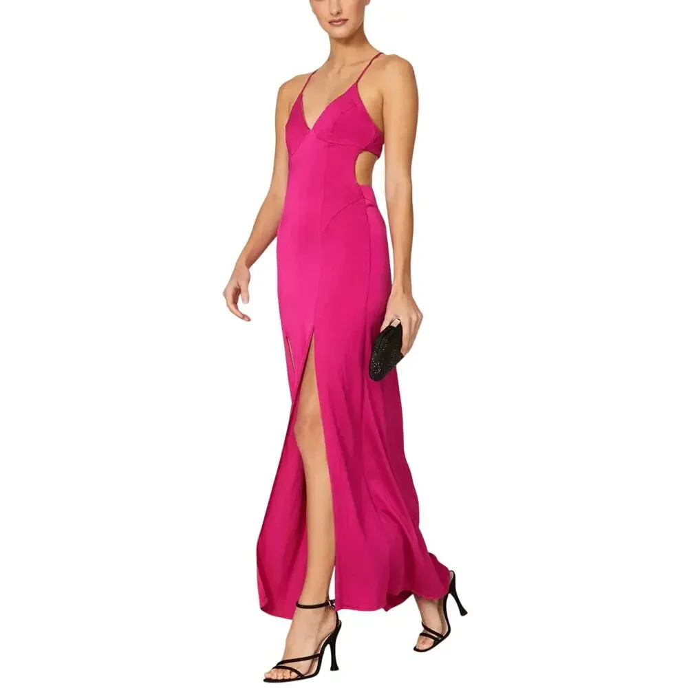 Manning Cartell Pink Satin Maxi Slip Dress Size 4 Barbie Slit Cocktail Gown $500 - Picture 1 of 9